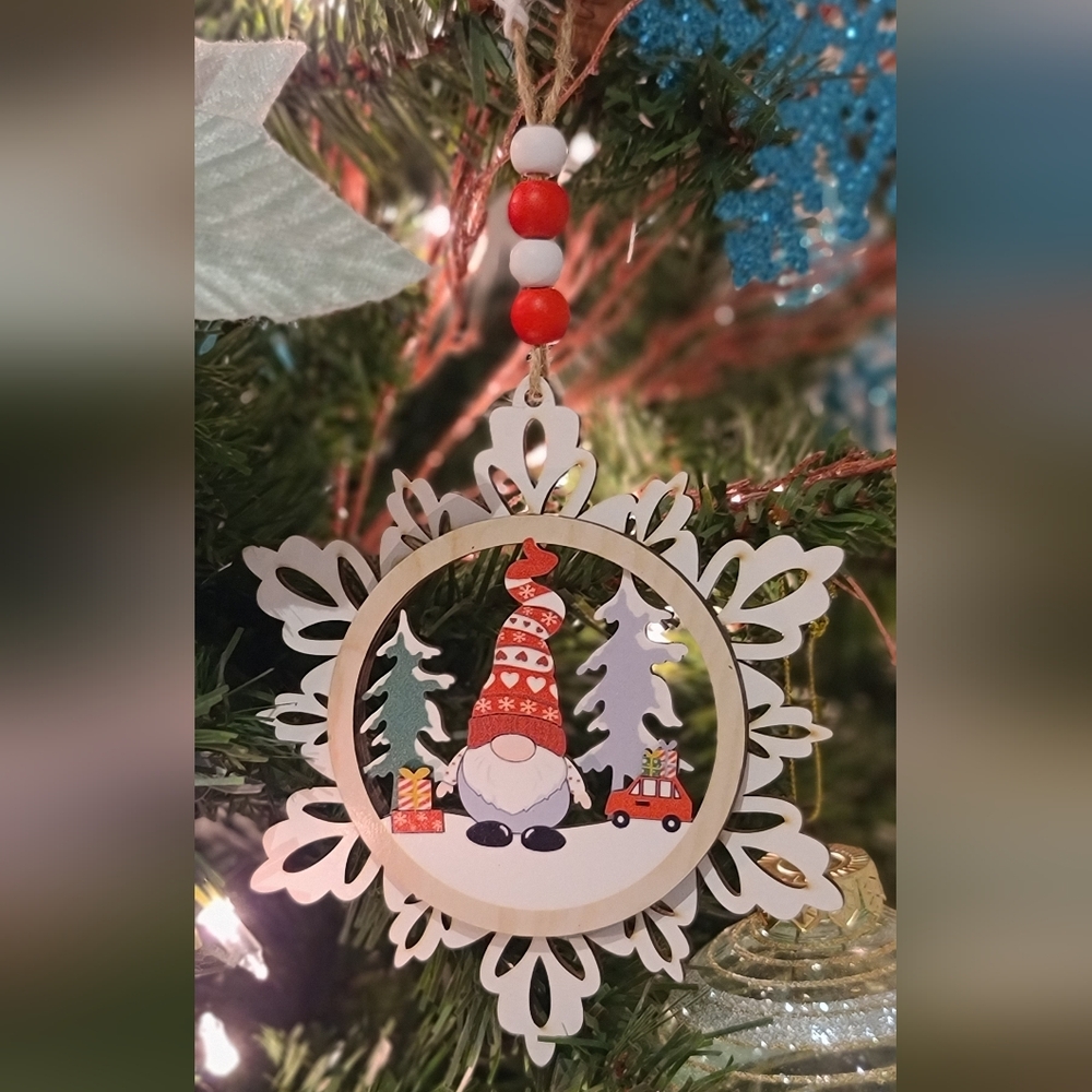 Festive Gnome Snowflake Ornament - Red and White 5"
